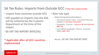 Copyright © 2017, Oracle and/or its affiliates. All rights reserved. |
• Import from countries outside GCC
•VAT payable on imports into the KSA
will be collected by the Customs
Department at the time of the
import
•SA VAT TAX IMPORT RATE(5%)
* Applicable after all GCC countries
implemented
• Rate rule type
– Determining factors/Conditions:
• Transaction Generic Class - Transaction Business
Category = Purchase Transaction
• Geography - Country = ship to = SA and ship from
not = SA
• User defined Geography - Ship to - Economic
Region not = GCC
– Result = SA VAT TAX IMPORT RATE
SA Tax Rules: Imports from Outside GCC (*after GCC implemented)
22
 