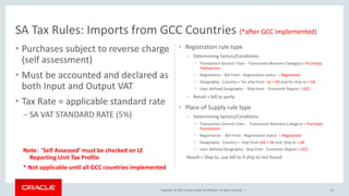 Copyright © 2017, Oracle and/or its affiliates. All rights reserved. |
• Purchases subject to reverse charge
(self assessment)
• Must be accounted and declared as
both Input and Output VAT
• Tax Rate = applicable standard rate
– SA VAT STANDARD RATE (5%)
Note: ’Self Assessed’ must be checked on LE
Reporting Unit Tax Profile
* Not applicable until all GCC countries implemented
• Registration rule type
– Determining factors/Conditions:
• Transaction Generic Class - Transaction Business Category = Purchase
Transaction
• Registration - Bill From - Registration status = Registered
• Geography - Country = for ship from no = SA and for ship to = SA
• User defined Geography - Ship from - Economic Region = GCC
– Result = bill to party
• Place of Supply rule type
– Determining factors/Conditions
• Transaction Generic Class - Transaction Business Category = Purchase
Transaction
• Registration - Bill From - Registration status = Registered
• Geography - Country = ship from not = SA and ship to = SA
• User defined Geography - Ship from - Economic Region = GCC
Result = Ship to, use bill to if ship to not found
SA Tax Rules: Imports from GCC Countries (*after GCC implemented)
23
 