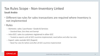 Copyright © 2017, Oracle and/or its affiliates. All rights reserved. |
Tax Rules Scope - Non-Inventory Linked
• Different tax rules for sales transactions are required where Inventory is
not implemented
• Rules
– Domestic: sales / purchases– Goods & Services
• Standard Rate; Zero Rate and Exempt
– Intra GCC: sales to customers registered in other GCC
• Treated as exports until all GCC countries implemented; need before and after tax rules
– Export: sales outside GCC (Export)
• Need Tax rules for before and after all GCC countries implemented
26
Saudi Arabia
 