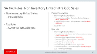 Copyright © 2017, Oracle and/or its affiliates. All rights reserved. |
• Non Inventory Linked Sales:
– Intra GCC Sales
• Tax Rate
– SA VAT TAX INTRA GCC (0%)
• Place of Supply Rule
– Determining factors/Conditions:
• Transaction Generic Class - Transaction Business Category =
SALES_TRANSACTION
• Transaction Input Factor – Tax Classification Code = SA INTRA
GCC SALES
– Result = Bill From
• Rate rule
– Determining factors/Conditions:
• Transaction Generic Classification> Level 1> Transaction Business Category
= SALES_TRANSACTIONS
• Registration> Bill to> Registration Status = REGISTERED
• Registration> Bill from> Registration Status = REGISTERED
• Geography > Bill from> Country = SA
• Geography> Bill to > Country not = SA
• User defined Geography> Bill to>Economic Regions = GCC
• Transaction Input Factor = Tax Classification Code = SA INTRA GCC SALES
– Result = SA VAT TAX INTRA GCC
28
SA Tax Rules: Non Inventory Linked Intra GCC Sales
 