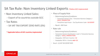 Copyright © 2017, Oracle and/or its affiliates. All rights reserved. |
• Non Inventory Linked Sales:
– Export of to countries outside GCC
• Tax Rates
– SA VAT TAX EXPORT ZERO RATE (0%)
* Applicable before all GCC countries implemented
• Place of Supply Rule
– Determining factors/Conditions:
• Transaction Generic Class - Transaction Business Category =
SALES_TRANSACTION
• Transaction Input Factor – Tax Classification Code = SA EXPORT
– Result = Bill From
• Rate rule
– Determining factors/Conditions:
– Transaction Generic Classification> Level 1> Transaction Business
Category = SALES_TRANSACTIONS
– Geography > Bill from> Country = SA
– Geography> Bill to > Country not = SA
• Result = SA VAT TAX EXPORT RATE
29
SA Tax Rule: Non Inventory Linked Exports (*before GCC implemented)
 