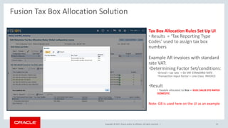 Copyright © 2017, Oracle and/or its affiliates. All rights reserved. |
Tax Box Allocation Rules Set Up UI
• Results = ‘Tax Reporting Type
Codes’ used to assign tax box
numbers
Example AR invoices with standard
rate VAT:
•Determining Factor Set/conditions:
•Drived = tax rate = SA VAT STANDARD RATE
•Transaction Input Factor > Line Class INVOICE
•Result
• Taxable allocated to Box = 0101 SALES STD RATED
DOMESTIC
Note: GB is used here on the UI as an example
Fusion Tax Box Allocation Solution
42
 