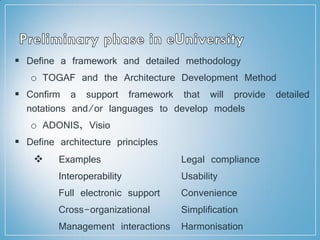  Define a framework and detailed methodology
o TOGAF and the Architecture Development Method
 Confirm a support framework that will provide detailed
notations and/or languages to develop models
o ADONIS, Visio
 Define architecture principles
 Examples
Interoperability
Full electronic support
Cross-organizational
Management interactions
Legal compliance
Usability
Convenience
Simplification
Harmonisation
 