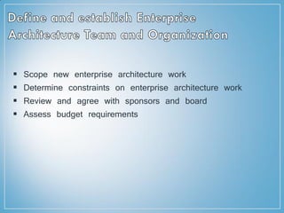  Scope new enterprise architecture work
 Determine constraints on enterprise architecture work
 Review and agree with sponsors and board
 Assess budget requirements
 