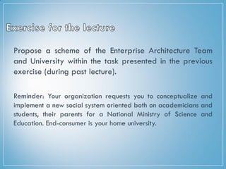 Propose a scheme of the Enterprise Architecture Team
and University within the task presented in the previous
exercise (during past lecture).
Reminder: Your organization requests you to conceptualize and
implement a new social system oriented both on academicians and
students, their parents for a National Ministry of Science and
Education. End-consumer is your home university.
 