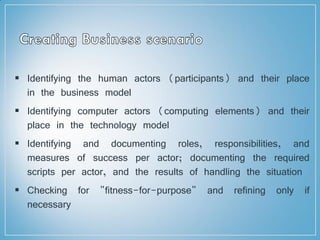  Identifying the human actors (participants) and their place
in the business model
 Identifying computer actors (computing elements) and their
place in the technology model
 Identifying and documenting roles, responsibilities, and
measures of success per actor; documenting the required
scripts per actor, and the results of handling the situation
 Checking for "fitness-for-purpose" and refining only if
necessary
 