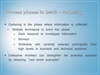 Gathering is the phase where information is collected
• Multiple techniques to solve this phase
o Desk research to investigate Information
o Surveys
o Workshop with carefully selected participants from
high levels in business and technical positions
 Enterprise Architect can strengthen the business scenario
by obtaining "real-world examples"
 