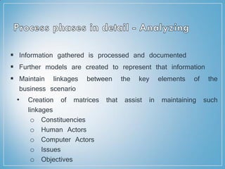  Information gathered is processed and documented
 Further models are created to represent that information
 Maintain linkages between the key elements of the
business scenario
• Creation of matrices that assist in maintaining such
linkages
o Constituencies
o Human Actors
o Computer Actors
o Issues
o Objectives
 