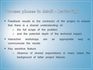  Feedback results to the contractor of the project to ensure
that there is a shared understanding of:
o the full scope of the problem
o and the potential depth of the technical impact.
 Interactive workshops are an appropriate way to
communicate the results
 Key sensitive feature
o Absence of shared expectations in many cases the
background of latter project failures
 