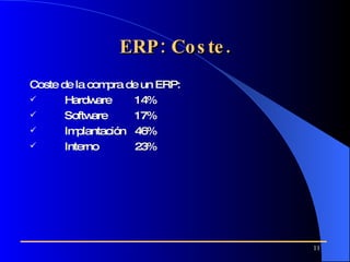 ERP: Coste. Coste de la compra de un ERP: Hardware 14% Software 17% Implantación 46% Interno 23% 