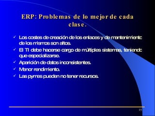 ERP: Problemas de lo mejor de cada clase. Los costes de creación de los enlaces y de mantenimiento de los mismos son altos. El TI   debe hacer se  cargo de múltiples sistemas, teniendo que especializarse. Aparición de datos inconsistentes. Menor rendimiento.  Las  p ymes pueden  no  tener  recursos . 