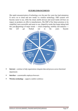 KISHLAY, ECSE-8D (RBIEBT), TRAINEE @OIT(PHP),MOHALI Page 27
FUTURE ENHANCEMENTS
The rapid consumerization of technology over the past few years has lead enterprises
to move on to cloud and new trends viz wireless technology. ERP systems will
become easier to use, while the cloud, mobile devices and social media will have an
impact on products on offer to manufacturers. The ERP of the future promises to be
simplified, more accessible and easier to use, shaped by trends that began taking hold
this year.Beginnings of major trends — cloud computing, mobility and analytics —
that will get fleshed out in the years beyond.
 Internet – continue to help organizations integrate data and process across functional
departments
 Interface – customizable employee browsers
 Wireless technology – support a mobile workforce
Global ERP
system
Role based
ERP
SaaS
Open
source ERP
Mobile
enabled ERP
and Wireless
ERP
Cloud ERP
with more
App and
module
Social
Media
Integration
 