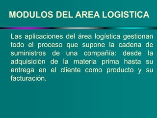 MODULOS DEL AREA LOGISTICA
Las aplicaciones del área logística gestionan
todo el proceso que supone la cadena de
suministr...