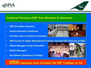 • ERP Orientation Sessions
• Family Assistance Guidelines
• First Aid, Search & Rescue Techniques
• ERP Course for Higher Management (Trainees included CEO, Directors & GMs)
• Station Managers & Ops Controllers
• District Managers
• Out Stations (Domestic & Foreign)
Continual Training to ERP Team Members & Volunteers
6500 employees have attended the ERP Trainings so far
 