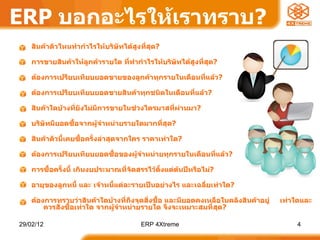 ERP  บอกอะไรให้เราทราบ ? สินค้าตัวไหนทำกำไรให้บริษัทได้สูงที่สุด ? การขายสินค้าให้ลูกค้ารายใด ที่ทำกำไรให้บริษัทได้สูงที่สุด ? ต้องการเปรียบเทียบยอดขายของลูกค้าทุกรายในเดือนที่แล้ว ? ต้องการเปรียบเทียบยอดขายสินค้าทุกชนิดในเดือนที่แล้ว ? สินค้าใดบ้างที่ยังไม่มีการขายในช่วงไตรมาสที่ผ่านมา ? บริษัทมียอดซื้อจากผู้จำหน่ายรายใดมากที่สุด ? สินค้าตัวนี้เคยซื้อครั้งล่าสุดจากใคร ราคาเท่าใด ? ต้องการเปรียบเทียบยอดซื้อของผู้จำหน่ายทุกรายในเดือนที่แล้ว ? การซื้อครั้งนี้ เกินงบประมาณที่จัดสรรไว้ตั้งแต่ต้นปีหรือไม่ ? อายุของลูกหนี้ และ เจ้าหนี้แต่ละรายเป็นอย่างไร และเฉลี่ยเท่าใด ? ต้องการทราบว่าสินค้าใดบ้างที่ถึงจุดสั่งซื้อ และมียอดคงเหลือในคลังสินค้าอยู่  เท่าใดและควรสั่งซื้อเท่าใด จากผู้จำหน่ายรายใด จึงจะเหมาะสมที่สุด ? 