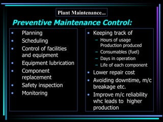Planning Scheduling Control of facilities and equipment Equipment lubrication Component replacement Safety inspection Monitoring Keeping track of Hours of usage Production produced Consumables (fuel) Days in operation Life of each component  Lower repair cost Avoiding downtime, m/c breakage etc. Improve m/c reliability whc leads to  higher production Plant Maintenance... Preventive Maintenance Control: 