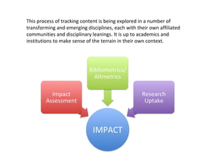 This process of tracking content is being explored in a number of
transforming and emerging disciplines, each with their own affiliated
communities and disciplinary leanings. It is up to academics and
institutions to make sense of the terrain in their own context.
 