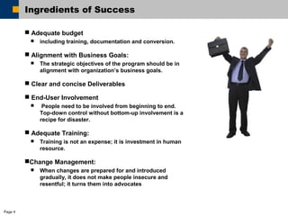 Page 4 
Ingredients of Success 
 Adequate budget 
 including training, documentation and conversion. 
 Alignment with Business Goals: 
 The strategic objectives of the program should be in 
alignment with organization’s business goals. 
 Clear and concise Deliverables 
 End-User Involvement 
 People need to be involved from beginning to end. 
Top-down control without bottom-up involvement is a 
recipe for disaster. 
 Adequate Training: 
 Training is not an expense; it is investment in human 
resource. 
Change Management: 
 When changes are prepared for and introduced 
gradually, it does not make people insecure and 
resentful; it turns them into advocates 
 