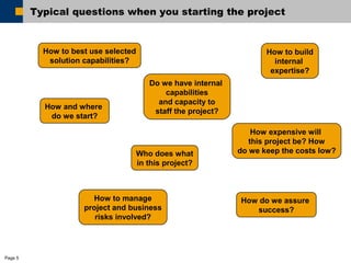Page 5 
Typical questions when you starting the project 
How to best use selected 
solution capabilities? 
Do we have internal 
capabilities 
and capacity to 
How and where staff the project? 
do we start? 
Who does what 
in this project? 
How to build 
internal 
expertise? 
How expensive will 
this project be? How 
do we keep the costs low? 
How to manage 
project and business 
risks involved? 
How do we assure 
success? 
 