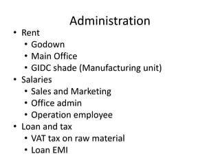 Administration
• Rent
   • Godown
   • Main Office
   • GIDC shade (Manufacturing unit)
• Salaries
   • Sales and Marketing
   • Office admin
   • Operation employee
• Loan and tax
   • VAT tax on raw material
   • Loan EMI
 