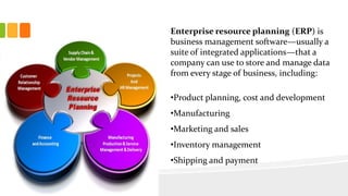 Enterprise resource planning (ERP) is
business management software—usually a
suite of integrated applications—that a
compa...