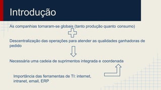 Introdução
As companhias tornaram-se globais (tanto produção quanto consumo)
Descentralização das operações para atender as qualidades ganhadoras de
pedido
Necessária uma cadeia de suprimentos integrada e coordenada
Importância das ferramentas de TI: internet,
intranet, email, ERP
 