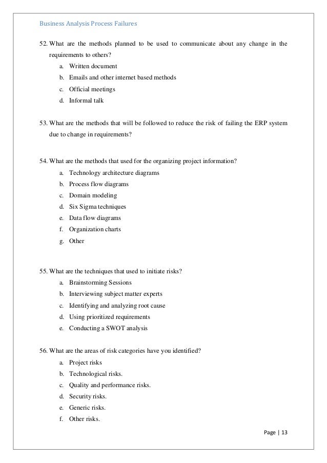 a questionnaire for identify failures in business analysis phase of e questionnaire for a business