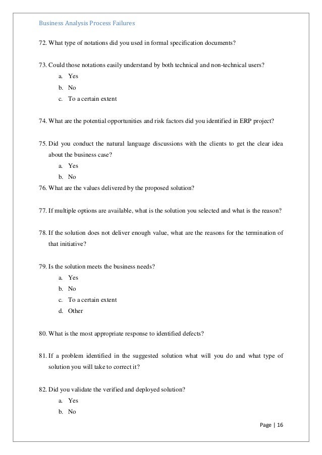 a questionnaire for identify failures in business analysis phase of e questionnaire for a business