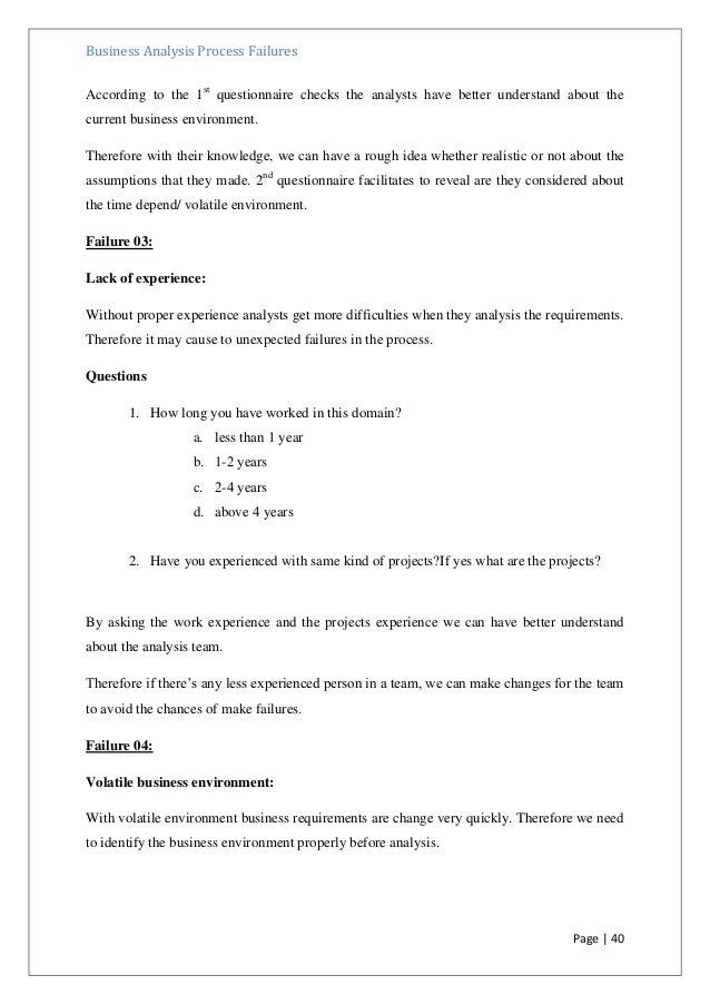 a questionnaire for identify failures in business analysis phase of e questionnaire for a business