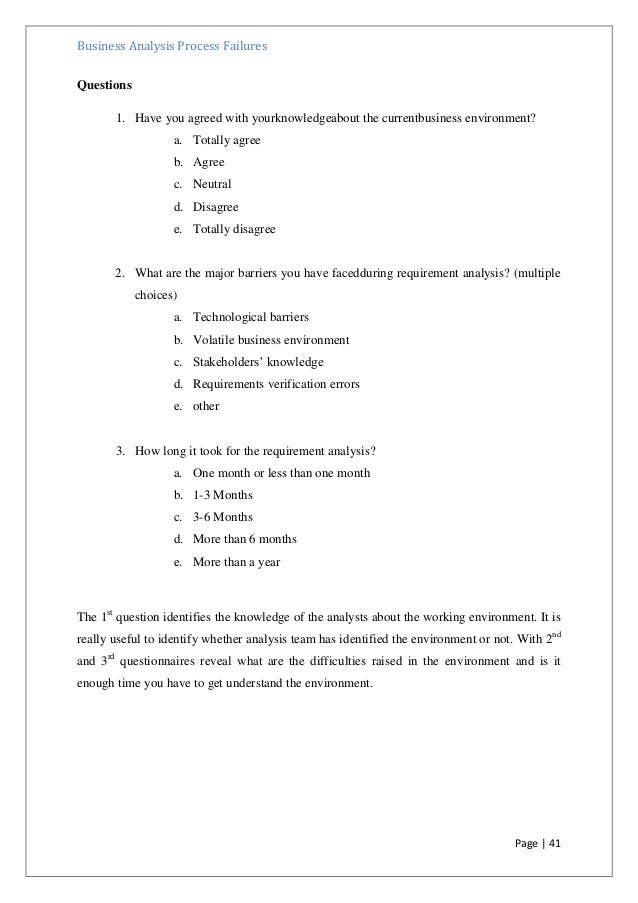 a questionnaire for identify failures in business analysis phase of e questionnaire for a business