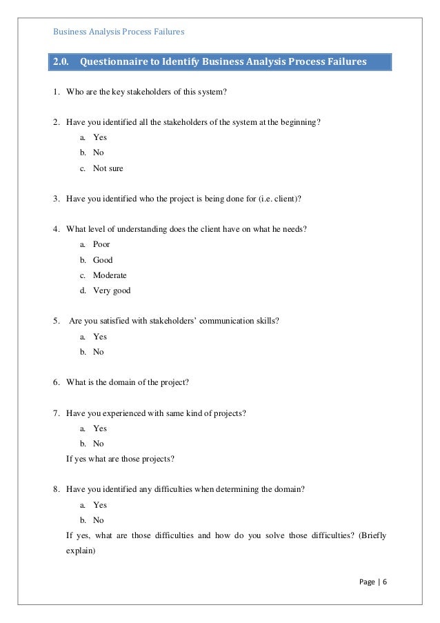 a questionnaire for identify failures in business analysis phase of e questionnaire for a business