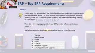 ERP – Top ERP Requirements
Support
Ensure your ERP vendor offers the kind of support that allows you to get the most
out of the system. While ERP is an intuitive solution with a surprisingly minimal
learning curve, it is a complex system that may require troubleshooting, training
or even repair.
Thus, it is extremely important that your ERP provider offers excellent user
support.
We believe a proper developed system allows greater for self learning.
• Training
• Maintenance
• Phone
• Email
• Chat/IM
• Helpdesk Support
• Forum/Community Support
 