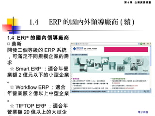 1.4 ERP 的國內領導廠商
□ 鼎新
開發三個等級的 ERP 系統
，可滿足不同規模企業的需
求
☆ Smart ERP ：適合年營
業額 2 億元以下的小型企業
。
☆ Workflow ERP ：適合
年營業額 2 億以上中型企業
。
☆ TIPTOP ERP ：適合年
營業額 20 億以上的大型企
1.4 　 ERP 的國內外領導廠商 ( 續 )
第 4 章 企業資源規劃
電子商務
 