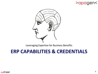 Leveraging Expertise for Business Benefits

ERP CAPABILITIES & CREDENTIALS


                                                  4
 