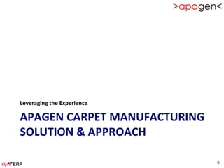 Leveraging the Experience

APAGEN CARPET MANUFACTURING
SOLUTION & APPROACH

                              6
 