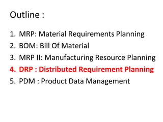 Outline :
1. MRP: Material Requirements Planning
2. BOM: Bill Of Material
3. MRP II: Manufacturing Resource Planning
4. DRP : Distributed Requirement Planning
5. PDM : Product Data Management
 