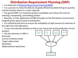 Distribution Requirement Planning (DRP)
• It is extension of Material Requirement Planning (MRP).
• It is a process to make the delivery of goods efficient by determining its quantity
and the location where it is more required.
• The goal of DRP is to maximize product availability and reduce the costs of
ordering, transporting, and holding product
• Basically, it is the application of MRP principles to the distribution environment,
integrating the special needs of distribution.
• It is utilized by the firms to ensure the availability of right amount of materials at
the right time and right place.
• It uses time phased schedule so that it can ensure the timely production of end
product.
• The key elements in DRP is :
Demands
Current Inventory levels
Target safety stock
Quantities
Replenishment lead times.
 