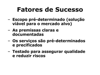 Fatores de Sucesso Escopo pré-determinado (solução viável para o mercado alvo) As premissas claras e documentadas Os serviços são pré-determinados e precificados Testado para assegurar qualidade e reduzir riscos 