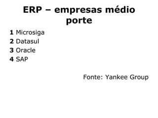 ERP – empresas médio porte 1  Microsiga  2  Datasul  3  Oracle 4  SAP  Fonte: Yankee Group 