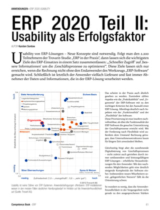 ANWENDUNGEN - ERP 2020 USABILITY 
ERP 2020 Teil II: 
Usability als Erfolgsfaktor 
AUTOR Karsten Sontow 
Usability von ERP-Lösungen – Neue Konzepte sind notwendig. Folgt man den 2.200 
Teilnehmern der Trovarit-Studie „ERP in der Praxis“, dann lassen sich die wichtigsten 
Ziele des ERP-Einsatzes in einem Satz zusammenfassen: „‚Schneller Zugriff‘ auf ‚bes-sere 
Informationen‘ um die ‚Geschäftsprozesse zu optimieren‘“. Diese Ziele lassen sich nur 
erreichen, wenn die Rechnung nicht ohne den Endanwender des Werkzeugs „ERP-Software“ 
gemacht wird. Schließlich ist letztlich der Anwender vielfach Lieferant und fast immer Ab-nehmer 
der Daten und Informationen, die in der ERP-Lösung verarbeitet werden. 
Stete Herausforderung Sichere Basis 
Legende Kategorien 
Implementierungspartner 
Projektergebnis 
System 
Wartungspartner 
Gesamteindruck 
Mitarbeiter-Schulung 
Beratung 
/ Support 
Gesamteindruck 
Funktionalität 
Branchen-kompetenz 
Engagement 
Projektmanagement 
Gesamteindruck 
Customizing 
Projektergebnis 
Zielerreichung 
Budgettreue 
Account-Manager 
Personalaufwand 
Termintreue 
Eigenentwicklungs-anteil 
Hotline / Support 
Mittelwert 
Schulungs-/ Informations-angebot 
Updates/Release-Wechsel 
Schnittstellen 
Ergonomie 
Performance 
Release-Fähigkeit 
Formulare & Auswertungen 
KMU-Tauglichkeit 
Preis-/ Leistungsverhältnis 
Anpassbarkeit / Flexibilität 
Stabilität 
Böse Überraschungen Spreu & Weizen 
©2012, Trovarit AG, Aachen 
Zufriedenheit (1,0 – „mangelhaft“; 5,0 – „sehr gut“) hoch 
0,4 
1,4 
3,5 4,5 
niedrig 
© 2012 Trovarit AG 
Das scheint in der Praxis auch ähnlich 
gesehen zu werden. Zumindest zählen 
Aspekte wie die „Praktikabilität“ und „Er-gonomie“ 
der ERP-Software mit zu den 
wichtigen Kriterien bei der Auswahl einer 
ERP-Lösung. Allerdings deutlich nach As-pekten 
wie der „Funktionalität“ und der 
„Flexibilität“ der Software. 
Diese Priorisierung ist zwar insofern nach-vollziehbar, 
als über die Funktionalität der 
ERP-Software die gesuchte Unterstützung 
der Geschäftsprozesse erreicht wird. Mit 
der Forderung nach Flexibilität wird au-ßerdem 
dem Umstand Rechnung getra-gen, 
dass Unternehmensstrukturen kaum 
für längere Zeit unverändert bleiben. 
Gleichzeitig birgt aber die zunehmende 
Digitalisierung von Geschäftsprozessen 
– nicht zuletzt auch getrieben durch im-mer 
umfassendere und leistungsfähigere 
ERP-Lösungen – erhebliche Herausforde-rungen 
für den Anwender: Mit den wach-senden 
Möglichkeiten geht eine deutlich 
steigende Komplexität der Software ein-her. 
Insbesondere neuen Mitarbeitern so-wie 
„gelegentlichen Nutzern“ fällt da die 
Orientierung schwer. 
So wundert es wenig, dass die Anwender-freundlichkeit 
in der Vergangenheit nicht 
gerade zu den ausgesprochenen Stärken 
Usability ist keine Stärke von ERP-Systemen. Anwenderbefragungen offenbaren: ERP-Installationen 
weisen in den meisten Fällen deutlichen Handlungsbedarf im Hinblick auf die Anwenderfreundlichkeit 
auf (Quelle: Trovarit AG) 
Competence Book - ERP 61 
 