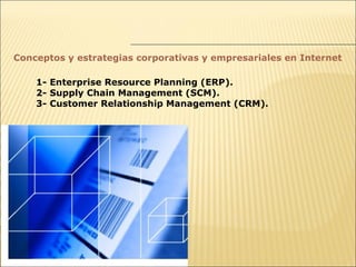 Conceptos y estrategias corporativas y empresariales en Internet

    1- Enterprise Resource Planning (ERP).
    2- Supply Chain Management (SCM).
    3- Customer Relationship Management (CRM).
 