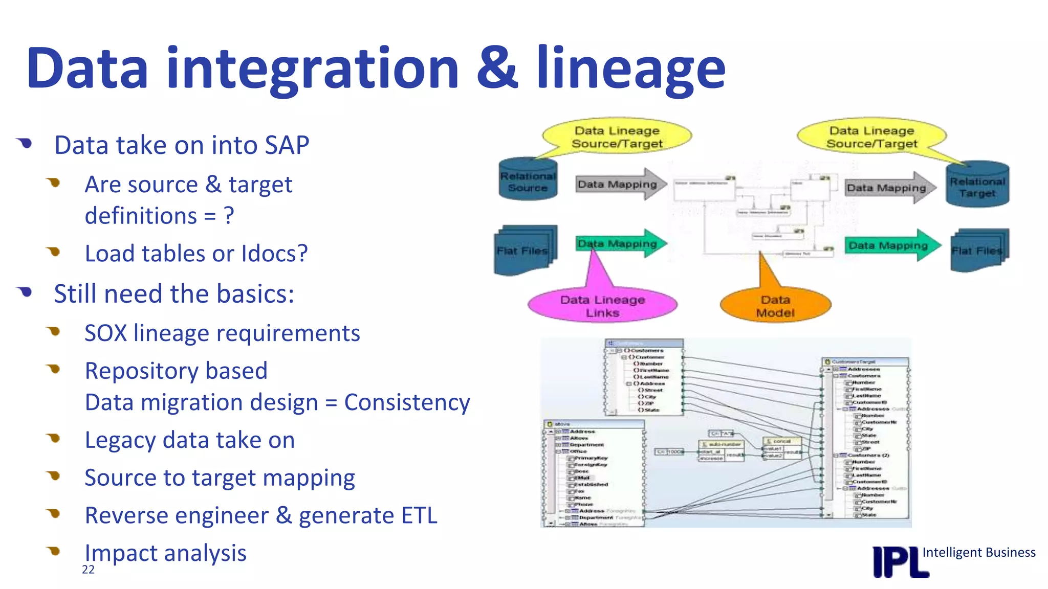 Data integration & lineageData take on into SAPAre source & target definitions = ?Load tables or Idocs?Still need the basics:SOX lineage requirementsRepository based Data migration design = ConsistencyLegacy data take onSource to target mappingReverse engineer & generate ETLImpact analysis 