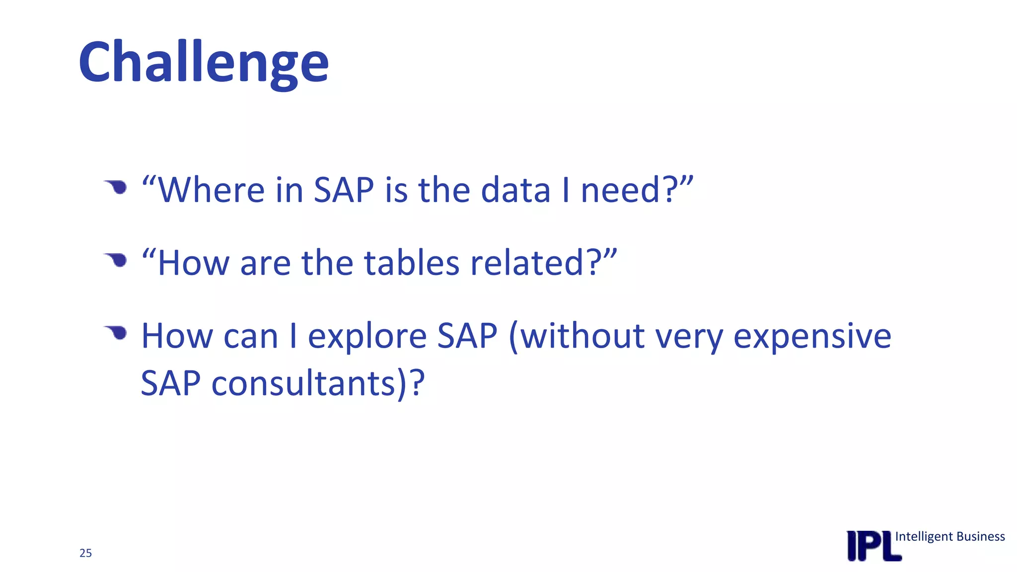 “Where in SAP is the data I need?”“How are the tables related?”How can I explore SAP (without very expensive SAP consultants)?Challenge