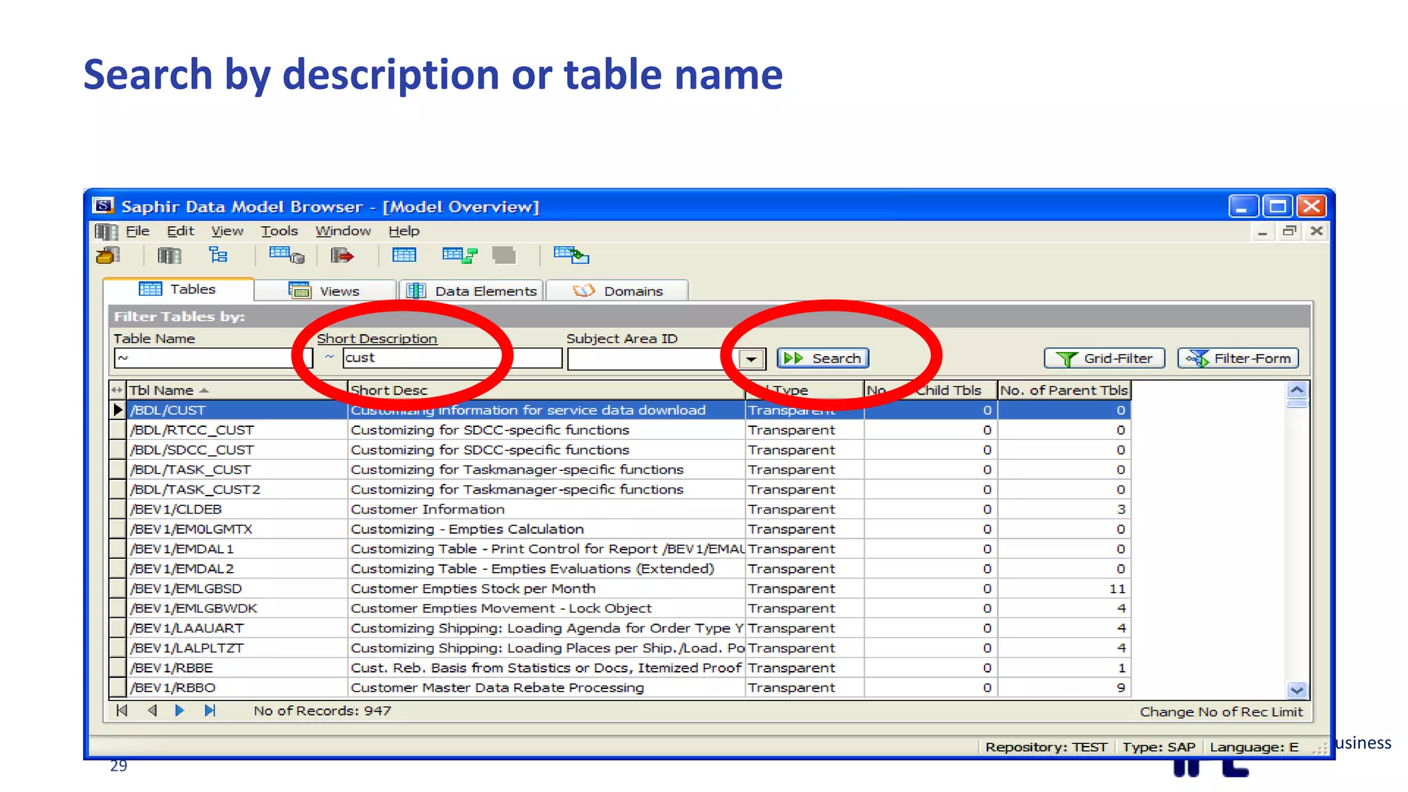 Search by description or table name