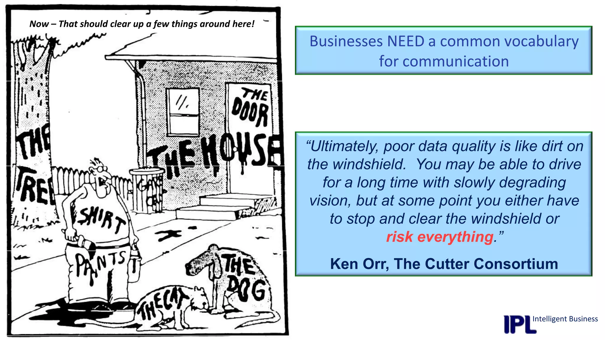 Why?Businesses NEED a common vocabulary for communicationBut ...Be aware of the baggage associated with the term “data modelling”It often works best if you don’t mention you’re doing “data modelling”