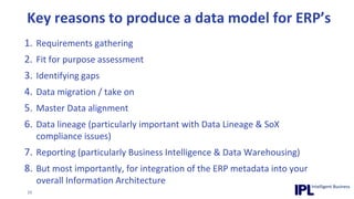 Key reasons to produce a data model for ERP’sRequirements gatheringFit for purpose assessmentIdentifying gaps Data migration / take on Master Data alignment Data lineage (particularly important with Data Lineage & SoX compliance issues) Reporting (particularly Business Intelligence & Data Warehousing) But most importantly, for integration of the ERP metadata into your overall Information Architecture 