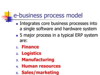 e-business process model
 Integrates core business processes into
a single software and hardware system
 5 major process in a typical ERP system
are:
1. Finance
2. Logistics
3. Manufacturing
4. Human resources
5. Sales/marketing
 
