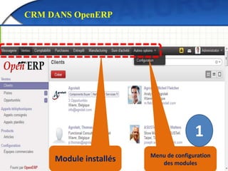 CRM DANS OpenERP 
1 
Module installés Menu de configuration 
des modules 
 