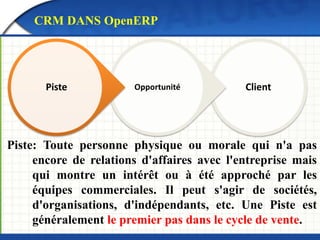 CRM DANS OpenERP 
Piste Opportunité Client 
Piste: Toute personne physique ou morale qui n'a pas 
encore de relations d'affaires avec l'entreprise mais 
qui montre un intérêt ou à été approché par les 
équipes commerciales. Il peut s'agir de sociétés, 
d'organisations, d'indépendants, etc. Une Piste est 
généralement le premier pas dans le cycle de vente. 
 