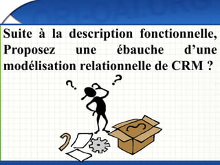 Suite à la description fonctionnelle, 
Proposez une ébauche d’une 
modélisation relationnelle de CRM ? 
 